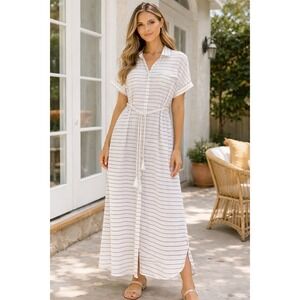 Ecru Lab Striped Maxi Shirt Dress White Black Rope Belt Small‎ E0170D